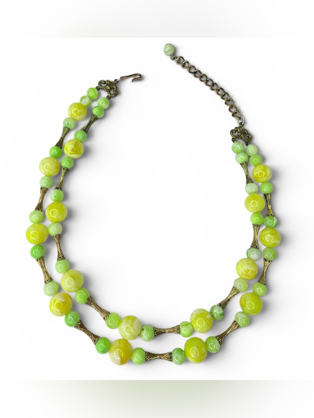 Vintage Coro 2-Strand Lucite Bead Necklace Yellow Green Marbled Gold Tone 18” - Picture 4 of 11
